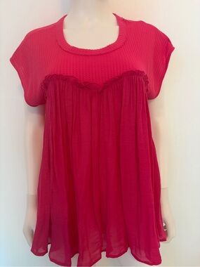 #729 Umgee Fuchsia Short Sleeve Pleated Babydoll Tunic
